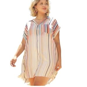 Umgee Striped Multicolor Bleach Short Sleeve Button Down Shirt Dress Raw Hem 1X